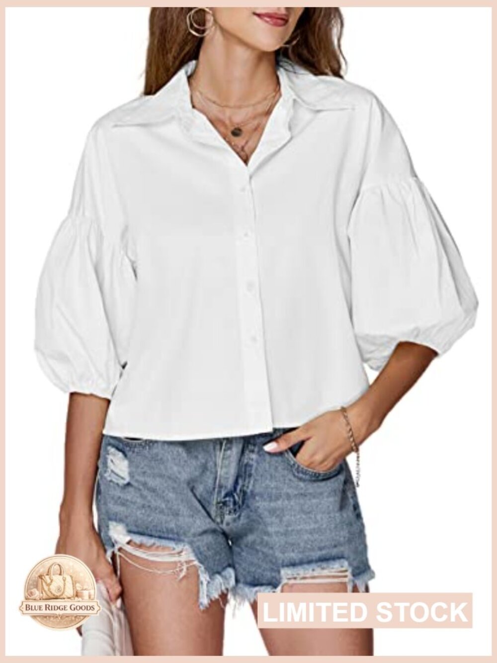 Crop Top Blouse Lantern Sleeve Collared V Neck Button Down Casual Summer Y2K - Picture 5 of 7